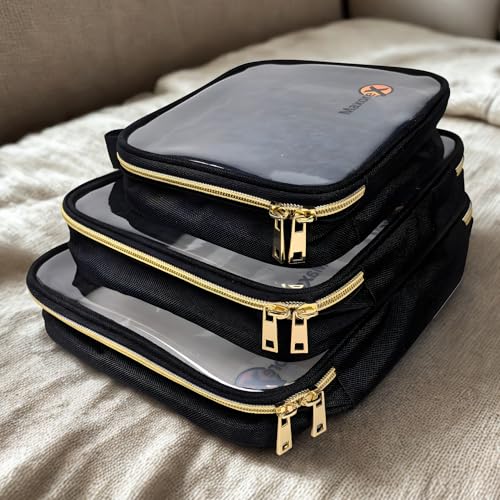 Clear TSA Approved Toiletry Bag Set ? 3 Waterproof Makeup & Cosmetic Bags with Handles for Women (S/M/L) ? Durable, Spill-Proof Travel Organizer for Airport & Home Use Black