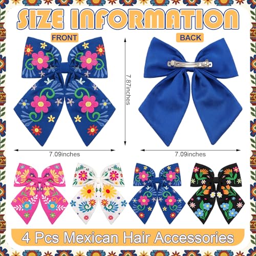 Mexican Embroidered Hair Bows Set - 4 Colorful Floral Clip Accessories for Women - Classic Variation