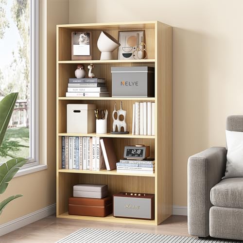 NELYE 5-Tier Oak Finish Open Bookcase – 23.62x9.53x52.17 inches, Stylish Storage Shelf