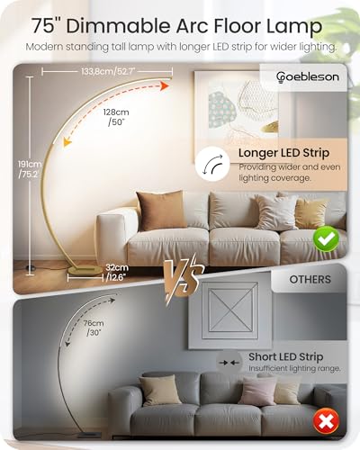 75-Inch Dimmable Gold Arc Floor Lamp with Remote & Foot Control - 3 Color Temperatures