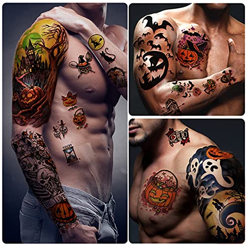 Yazhiji 40 Sheets Halloween Temporary Tattoos Pumpkin Witch Sugar Skull Tattoo Family Set Tats for Women Men Boys and Girls