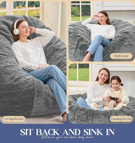 Giant 6FT Adult Bean Bag Chair - Light Grey, Jumbo Lounger with Flip Support