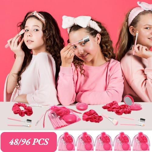 Pink Girl Party Favors Girl Makeup Party Favor Party Supplies Set Includes Pink Gauze Bags, Hair Scrunchies, Foldable Mirror Hair Brushes, Makeup Brushes Toys(96 Pcs)