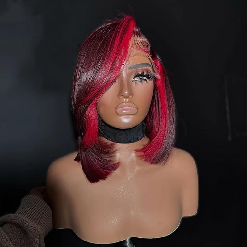 Koinu Highlight Red 99J Bob Wig 13x4 Lace Front Human Hair 14 Inch, 180 Density