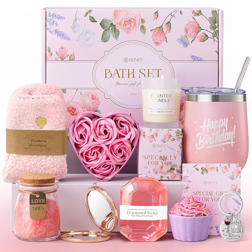 Briney 11Pcs Birthday Gift Baskets for Women, Pink Gift Basket Set, Birthday Themed Present Self Care Spa Bath Set Get Well Soon Package for Mom Wife Sister Friend, Pink