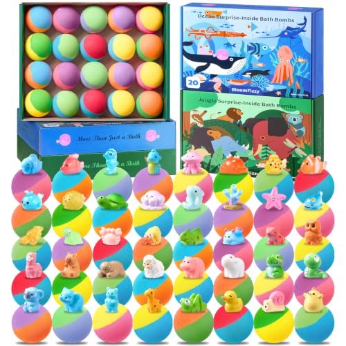 Kids Bath Bombs with Ocean & Jungle Animal Toys - 40 Pack Gift Set