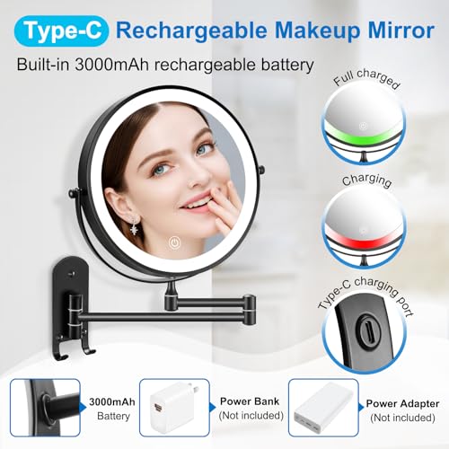 Rechargeable Double-Sided 9-Inch Wall-Mounted Makeup Mirror with Dimmable Lights