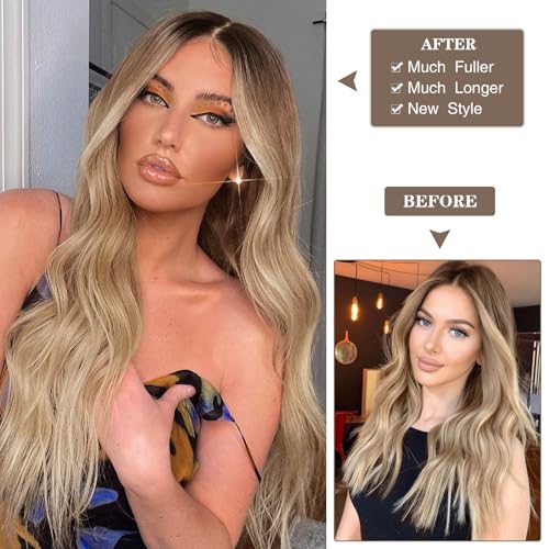 WECAN Clip-In Hair Extensions 24 Inch Ombre Blonde 6PCS Long Wavy Curly Hairpieces