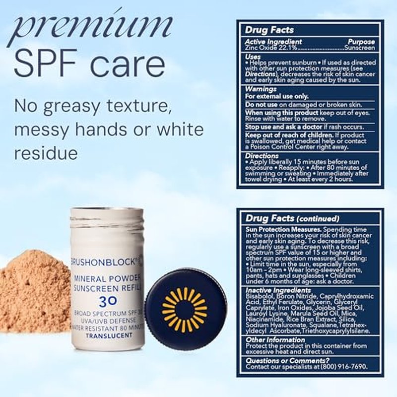 Brush On Block Mineral Sunscreen Powder Refill, Natural Broad-Spectrum SPF 30, Safe for Sensitive Skin, UVA UVB Face Protection, Reef Friendly (Translucent - Refill)