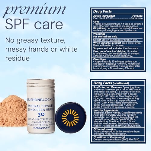 Brush On Block Mineral Sunscreen Powder Refill Translucent SPF 30 Natural Broad Spectrum, Reef Friendly, Sensitive Skin Safe
