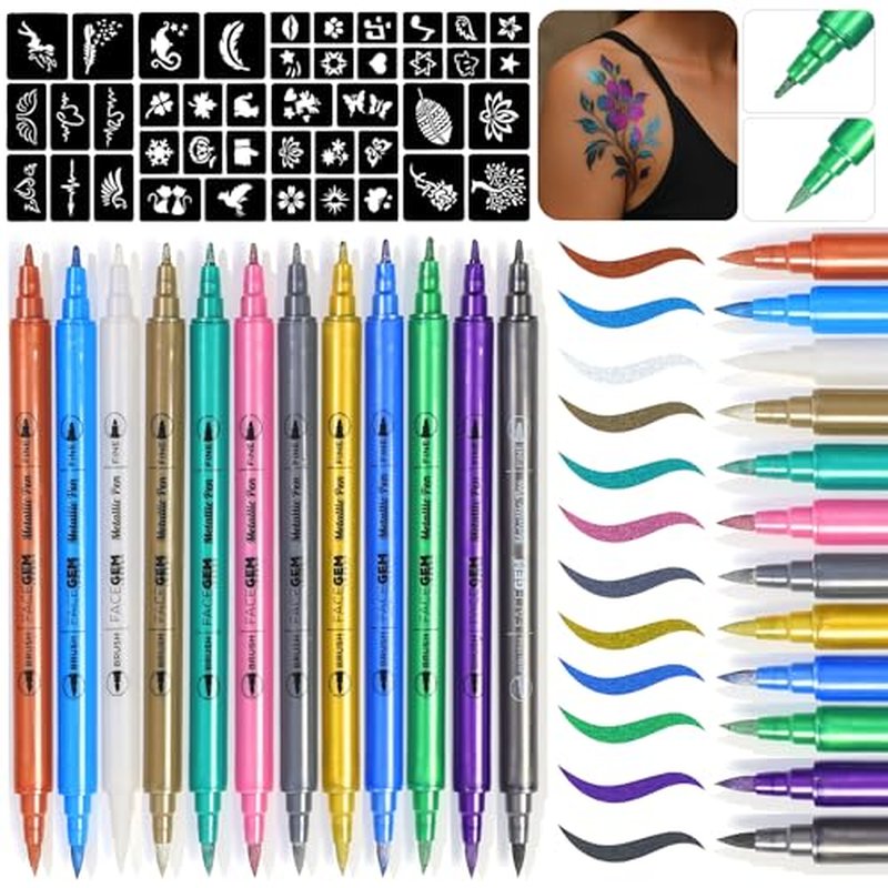 12 Metallic Temporary Tattoo Markers ? Create Temporary Tattoos with Dual-Tip Body Markers, Bold & Fine Lines, Waterproof, Fast-Drying, Non-Toxic, 42 Stencils, Fake Tattoos Set, Tattoo