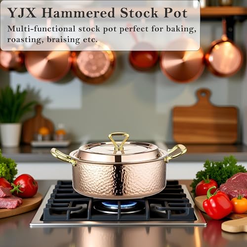 6.7QT Copper Rose Gold Hammered Stock Pot with Lid - Tri-Ply Stainless Steel, Dishwasher & Oven Safe