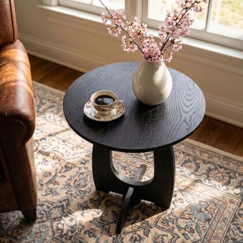 Solid Wood Round End Table - Black Mid-Century Modern Side Table