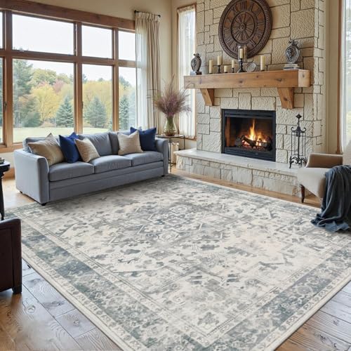 8x10 Blue & Grey Boho Vintage Area Rug - Machine Washable, Non-Slip, Low-Pile for Living Room