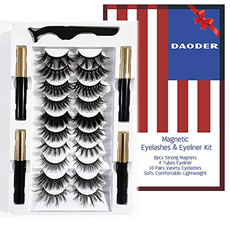 DAODER Magnetic Eyelashes with 4 Tubes Eyeliner Kit Long Magnetic Lashes Wispy 10-20MM Variety Pesta?as Postizas Magneticas D Curl 10 Pairs Magnet False Eyelashes for Daily Wear