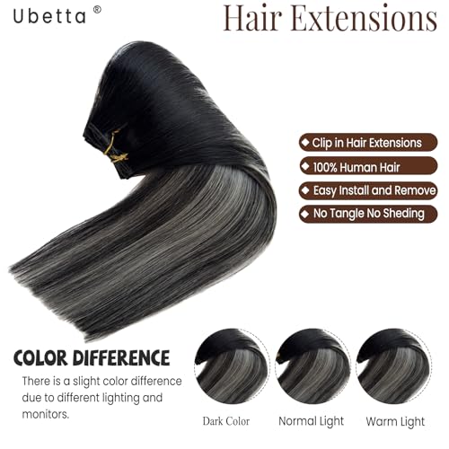 Clip in Hair Extensions - 16 Inch Ombré Black Silver Balayage - 7 pcs Remy Human Hair