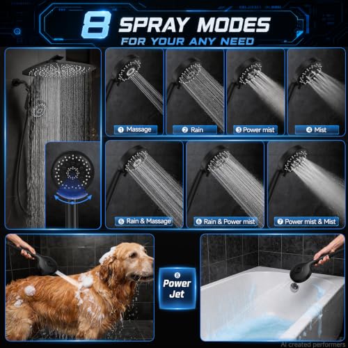 Matte Black 14-Inch Shower Head with Handheld & Full Body Coverage - Power Wash