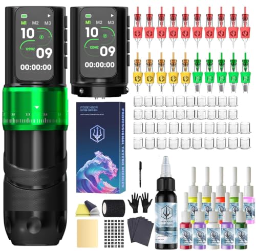 Poseidon Wireless Tattoo Gun Kit with 2 Batteries - Green Variation