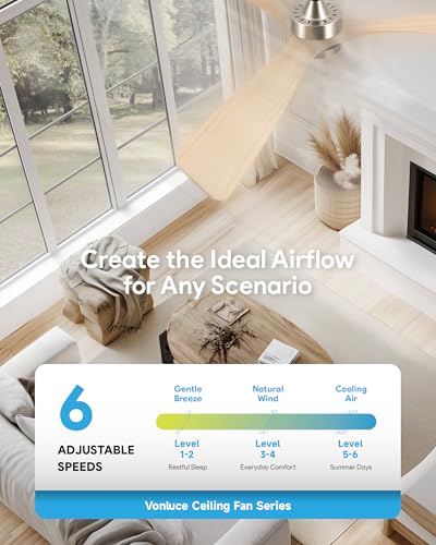 VONLUCE 52-Inch Natural Wood & Nickel Ceiling Fan with Lights, Remote