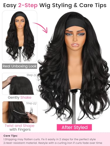 HANNE Yaki Wavy Flip Curl Headband Wig for Black Women - Natural Black, 26 Inch