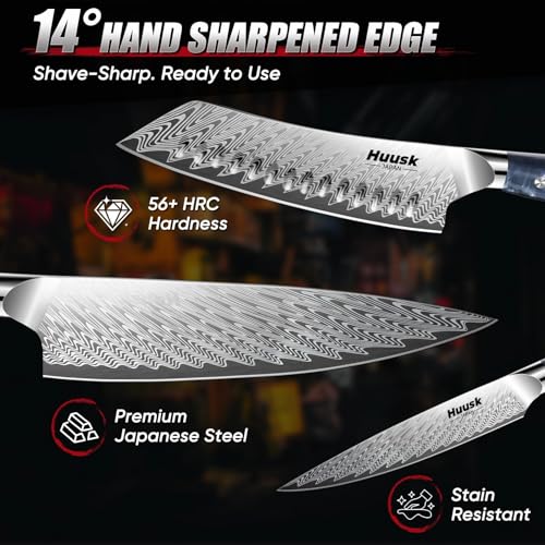 Huusk Japanese Knife Set 3 Pcs Blue - Chef, Santoku & Utility Knives with Sheath