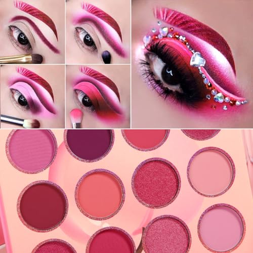 DE'LANCI Pink Eyeshadow Palette, Highly Pigmented Bright Hot Pink Eye Shadow Pallet, Bright Peach Rose Purple Red Eyeshadow Makeup Palette, for Girl Women Cute Suger Skull Candy Blush Goth Makeup