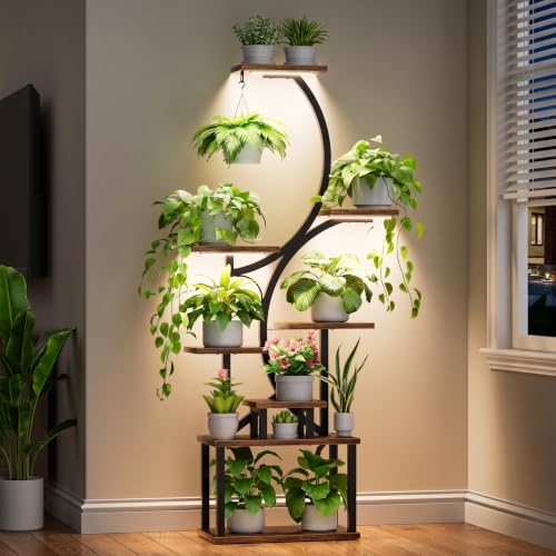 8-Tier Indoor Plant Stand with Grow Lights - Tall S-Shaped Corner Shelf - Brown - 62"