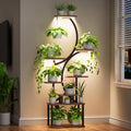 8-Tier Indoor Plant Stand with Grow Lights - Tall S-Shaped Corner Shelf - Brown - 62"