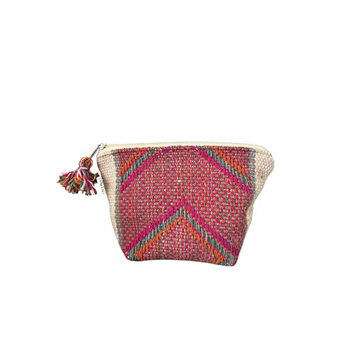 Handmade Makeup Pouches from Peru ? Boho Chic Cosmetic Bag with Zipper, Cute Beauty Pouch for Purse Bag Organizer or Travel Essentials (Pyramid, White - Pink)