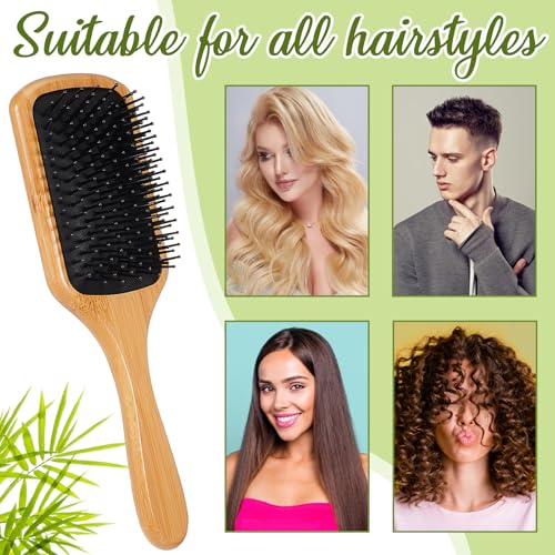 12Pcs Bamboo Hair Brushes Set with Black Bristles - Natural Wooden Paddle for Detangling & Scalp Massage (9.65'' x 3.35'')