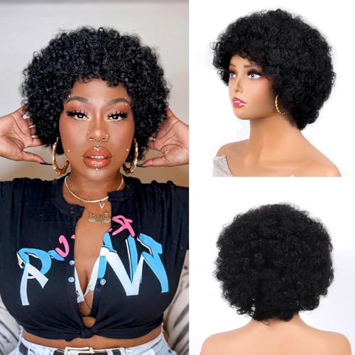 Black 6 Inch Afro Curly Wig for Women - Short Human Hair Wig with Bangs