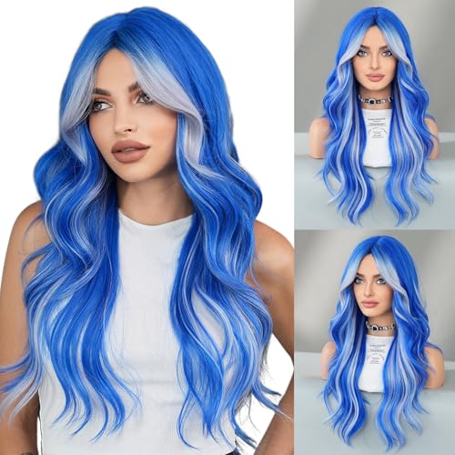 TRUMOST Blue Platinum Blonde Highlight Wig 26 Inch Long Wavy Synthetic Heat-Resistant with Curtain Bangs