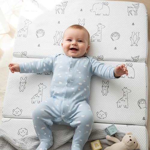 White Animal-Pattern 38x26 Memory Foam Pack and Play Mattress - Dual Sided