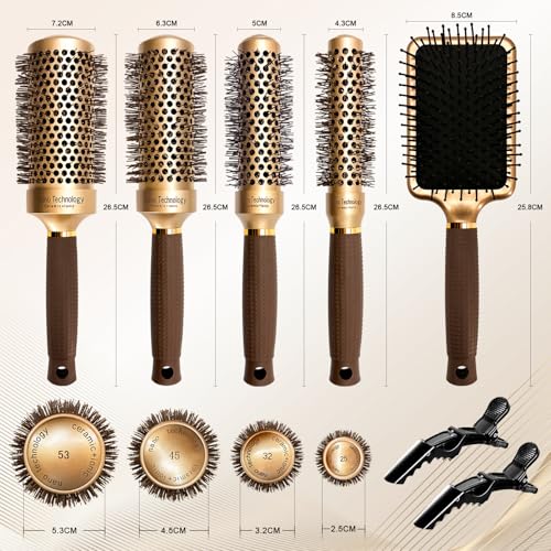 Gold 5-in-1 Ceramic Ionic Round & Paddle Hair Brush Set for Styling & Volume - Includes Section Clips