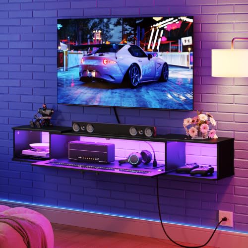 55.1 Inch Floating TV Shelf with LED Light & Power Outlets, Wall Mounted Entertainment Center, Black
