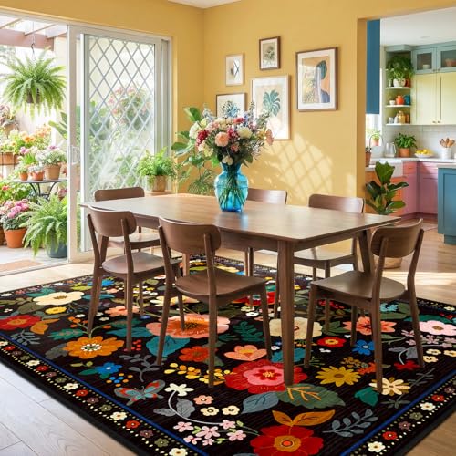 Floral Washable Area Rug 8x10 Black - Non-Slip, Pet-Friendly, Machine Washable