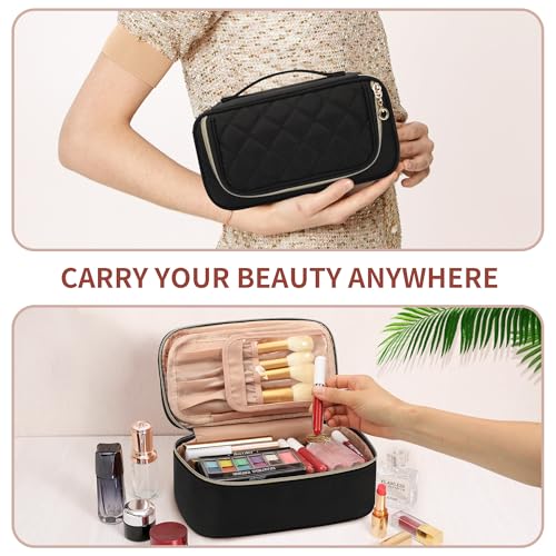 OCHEAL Small Makeup Bag with Zipper Pouch,Portable Cute Travel Makeup Bag Pouch for Women Girls Makeup Brush Organizer Cosmetics Bags with Compartment-Nylon Black