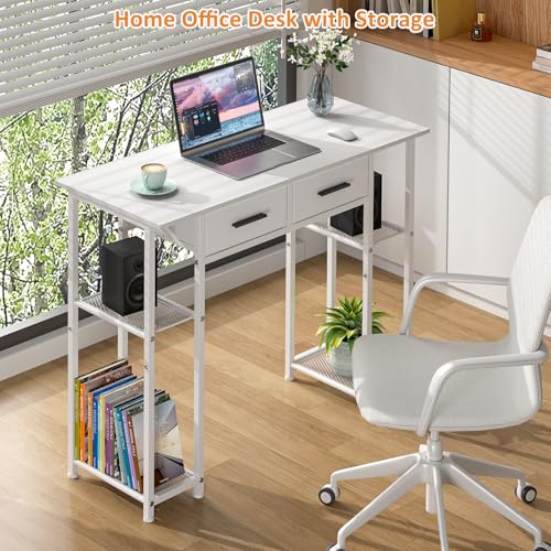 White Computer Desk with Drawers and Storage Shelf - Small Office Study Table