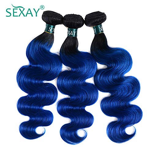 Brazilian Body Wave Ombre Hair Bundles - 1B/Blue 26 Inch Remy Human Hair