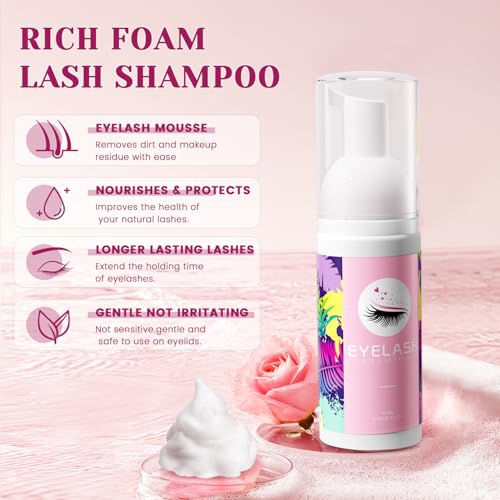 Buqikma Lash Shampoo Kit - Lash Cleaning for Eyelash Extension, 60Ml/2.11fl.Oz Eyelash with Lash Shampoo Brushes Gentle Lash Extension Cleanser for Professional Salon Use and Home Use (2 Pcs)