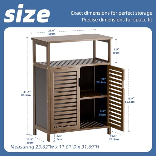 HITNET Walnut Bamboo Bathroom Storage Cabinet with Double Doors & Open Shelf