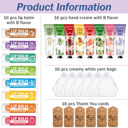 AZEN 16 Sets Bulk Gifts, Hand Cream and Lip Balm Bulk Set with Organza Bag Thank You Card, Baby Shower Wedding Gifts for Guests, Bridal Wedding Favors for Guests,Thank You Gift for Women