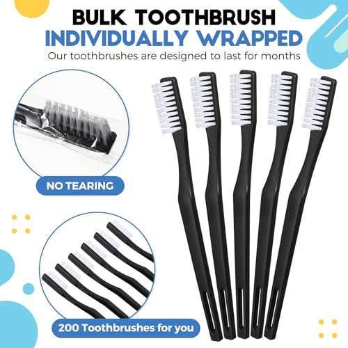 Disposable Soft Toothbrushes Bulk Pack for Travel Hotels & Home Use - 200 Black Individually Wrapped