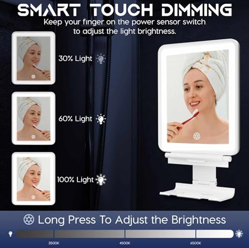 Fogless LED Shower Mirror with Lights, Storage Shelf & Squeegee - White