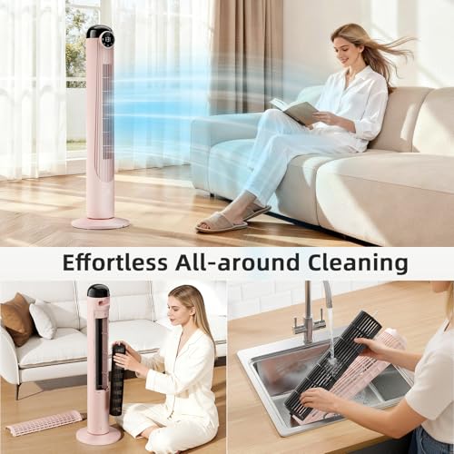 Pink 42 Inch Tower Fan with Remote, 6 Speeds & 4 Modes - Quiet Oscillating Bladeless Fan