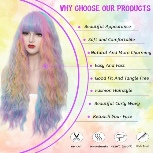 Women's Multi Color Rainbow Curly Wavy Wig 27'' Long Cosplay Halloween Party