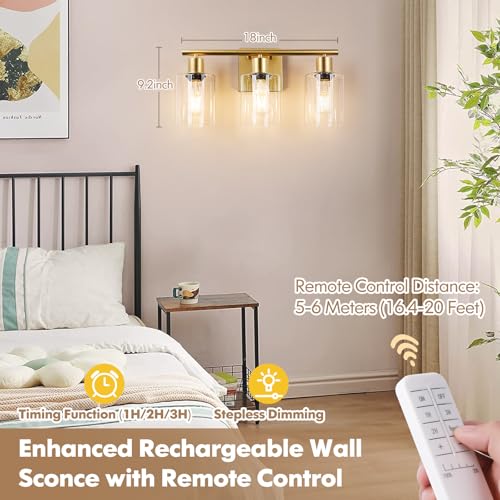 Brightever Gold Battery Operated 3-Light Dimmable Wireless Vanity Wall Sconce with Remote