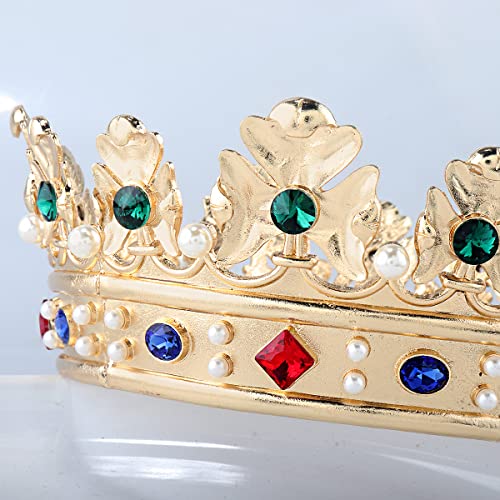 Small Size Baroque Royal Crown Men’s Hair Crown with Green Stone - Gold Finish