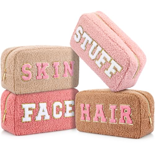 Preppy 4-Piece Makeup Bag Set with Chenille Letter Patches - Lively Color