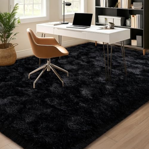 Black 8x10 Area Rug for Living Room - Fluffy Non-Slip Bedroom Carpet